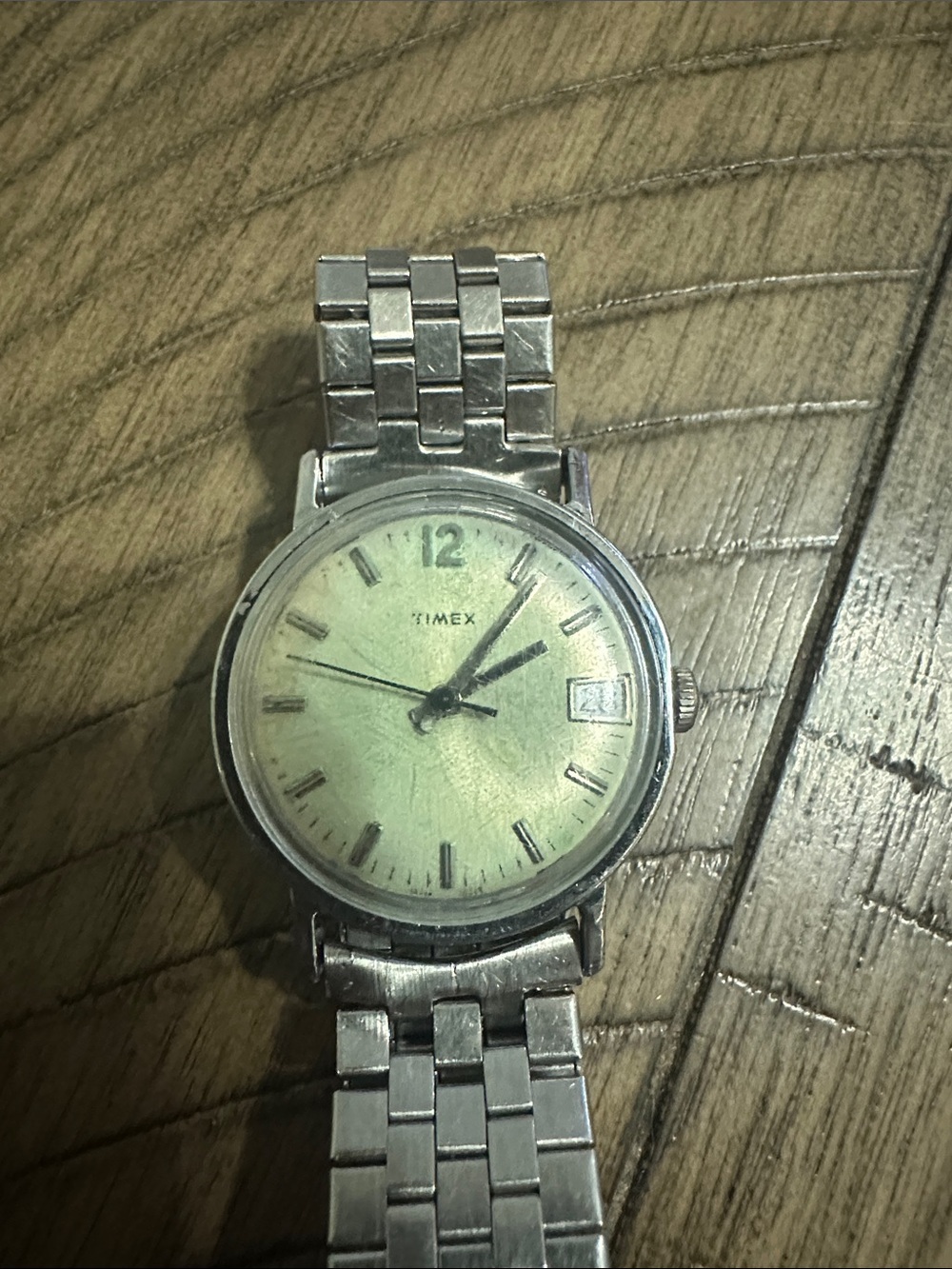 Timex Men's Silver Watch with Pale Green Dial